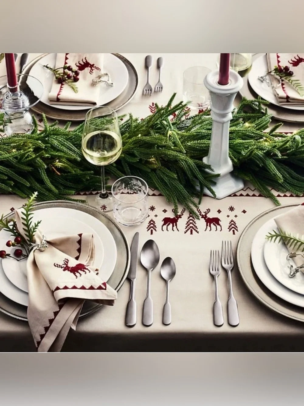 Crate & Barrel Red Cross Stitch Holiday Reindeer Dinner Napkins  ( Set Of 4 )